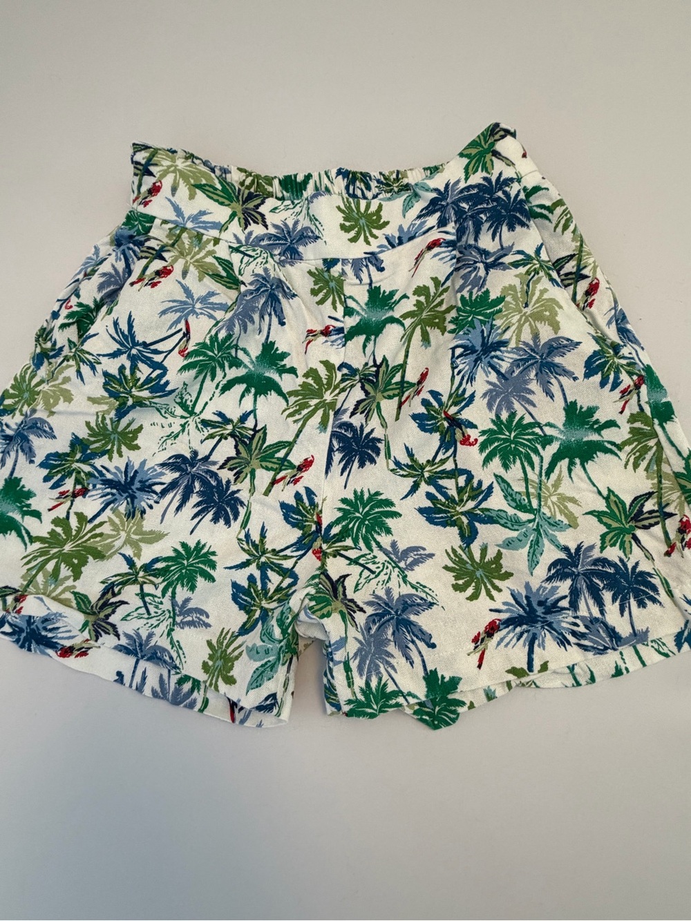 Monteau White Palm Print Linen Blend Women’s Shorts with Green & Blue Size Small